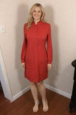 Trina Turk Madge Red Long Sleeve Button Down Shift Dress with Pockets
